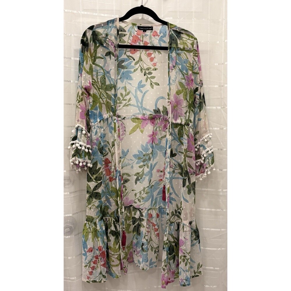 Club Z Collection Boho Floral Sheer Tunic Dress Pom Pom Trim Tassel Waist Size M - Picture 3 of 10